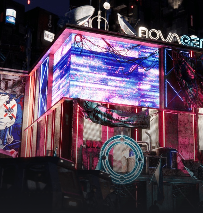 Fachada da NovaGEN iluminada em rosa e azul